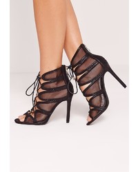 Missguided Mesh Lace Up Heeled Sandal Black