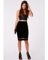 Missguided Delliar Mesh Panel Velvet Midi Skirt Black
