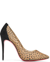Christian Louboutin Follies Lace 100 Suede Trimmed Flocked Glittered Mesh Pumps Black