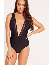 Missguided Abad X Square Mesh Plunge Swimsuit Black