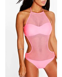 Boohoo Mesh Halter Cut Out Swimsuit