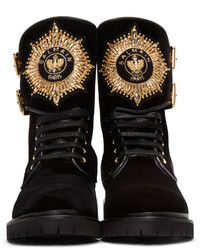 Balmain Black Velvet Eagle Combat Boots