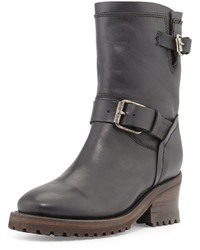Ash Buckled Leather Mid Calf Boot Black