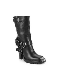 Miu Miu Leather Motorcycle Mid Calf Boots Black