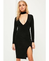 Missguided Black Long Sleeve Wrap Split Hem Midi Dress