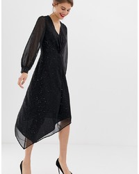 Warehouse Hanky Hem Glitter Midi Dress With Twist Front In Black