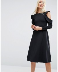 Asos Midi Skater Dress With Cold Shoulder And Frill Sleeve Detail