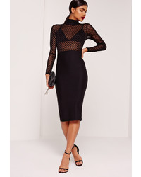 Missguided Long Sleeve Grid Mesh Contrast Midi Dress Black