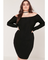 Missguided Plus Size Bardot Ribbed Midi Dress Black
