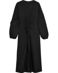 Tibi Open Back Ruffed Stretch Jersey Midi Dress Black