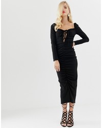 ASOS DESIGN Ruched Midi Dress With Lace Up Neck