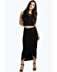 Boohoo Cara Crepe Slice Front Wrap Long Midi Skirt