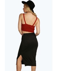 Boohoo Ellie Embroidered Waist Split Hem Midi Skirt