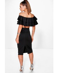 Boohoo Meeka Double Ruffle Crop Midi Skirt Co Ord Set