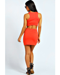 Boohoo Laureie Slash Neck Crop Top Mini Skirt Co Ord Set