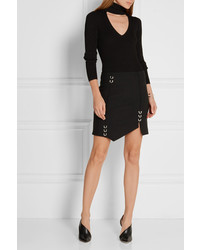 Thierry Mugler Mugler Asymmetric Embellished Stretch Wool Mini Skirt Black