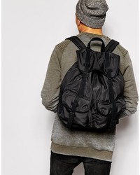 Asos Brand Backpack In Black Nylon With Contrast Straps