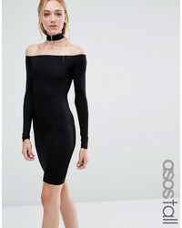 Asos Tall Asos Tall Long Sleeve Off The Shoulder Bardot Mini Bodycon Dress With Choker Collar