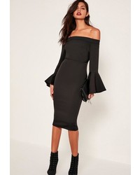 Missguided Black Bardot Frill Sleeve Tailored Midi Dress