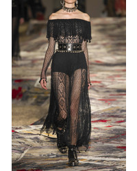 Alexander McQueen Off The Shoulder Pompom Trimmed Silk Lace Maxi Dress Black