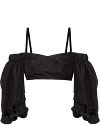 Alessandra Rich Off The Shoulder Cropped Silk Moire Top Black