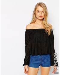 Asos Collection Tall Smock Top With Off Shoulder In Texture With Bell Sleeve