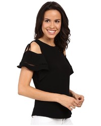 Rebecca Taylor Lila Crepe With Trims Short Sleeve Open Shoulder Top