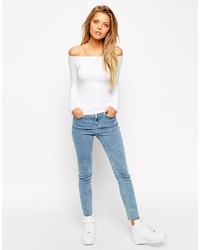 Asos Petite Top With Bardot Neckline And Long Sleeves