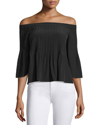 Tibi Pintucked Silk Off The Shoulder Top Black