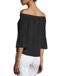 Tibi Pintucked Silk Off The Shoulder Top Black