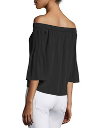 Tibi Pintucked Silk Off The Shoulder Top Black