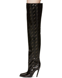 Balenciaga Black Patent All Over Logo Heeled Over The Knee Boots