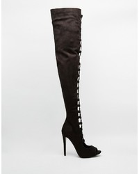 Daisy Street Black Thigh High Lace Up Boots