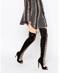 Daisy Street Black Thigh High Lace Up Boots