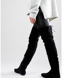 Daisy Street Lace Back Black Over The Knee Boots