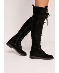 Missguided Flat Lace Up Over The Knee Boots Black