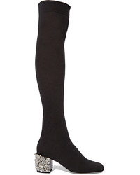 Rene Caovilla Ren Caovilla Embellished Stretch Knit Over The Knee Boots Black