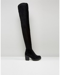 Glamorous Thigh High Black Chunky Heeled Over The Knee Boots