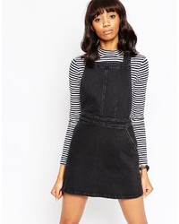 Asos Collection Denim Mini Pinafore With Bow Back In Washed Black