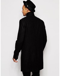 Asos Brand Funnel Neck Wool Rich Overcoat With Asymmetric Fastening In Black