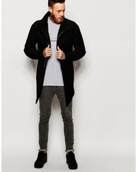 Asos Brand Overcoat With Asymmetric Zip In Black