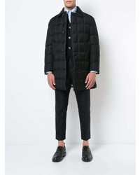 Thom Browne Downfilled Classic Bal Collar Overcoat With Tipping In Black Super 130s Wool Twill