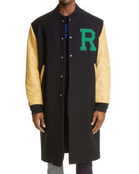Raf Simons Leather Sleeve Long Wool Bomber Jacket