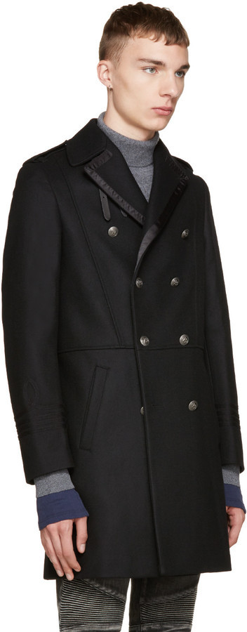Pierre Balmain Black Wool Breasted Coat, | SSENSE | Lookastic