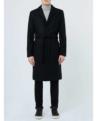 Topman Black Wool Rich Belted Overcoat
