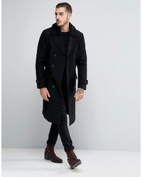 Asos Wool Mix Belted Double Breasted Overcoat With Fleece Collar