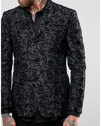 Asos Skinny Blazer In Black With Paisley Flock Detail
