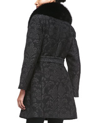 Sofia Cashmere Damask Brocade Wrap Coat With Fur Trim