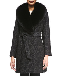 Sofia Cashmere Damask Brocade Wrap Coat With Fur Trim