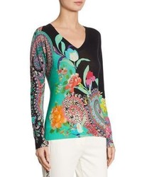 Etro Floral Paisley Silk Cashmere V Neck Sweater